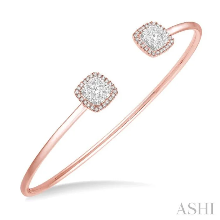 Chunky statement bangles for bold impact-3/4 Ctw Cushion Shape Lovebright Open Cuff Diamond Bangle in 14K Rose and White Gold