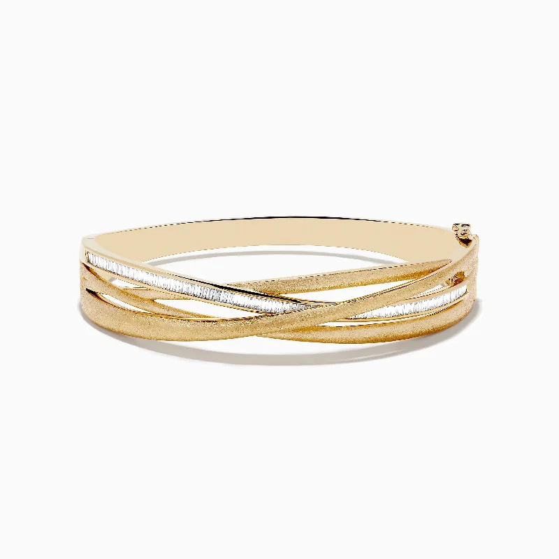 Handwoven bracelets for bohemian-inspired looks-D'Oro 14K Brushed Yellow Gold Diamond Crossover Bangle 1.10 TCW