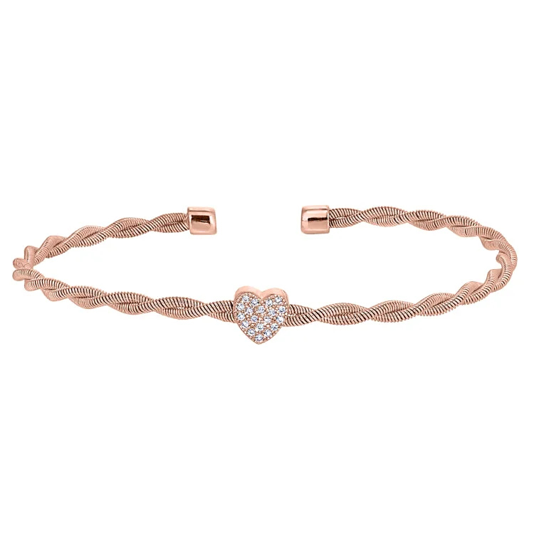 Simple minimalist bracelets for modern style-Rose Gold Finish Sterling Silver Thin Tightly Twisted Cable Cuff Bracelet with Heart with Simulated Diamonds