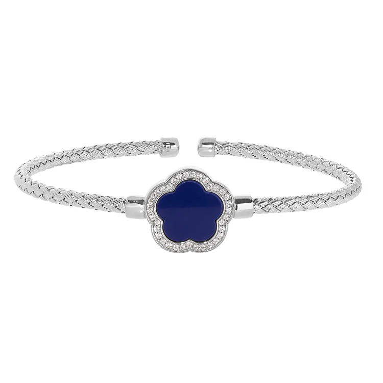 Bracelets with engraved messages for special occasions-Rhodium Finish Sterling Silver Basketweave Cable Cuff  Bracelet with a Flower Shaped Navy Stone and Simulated Diamonds