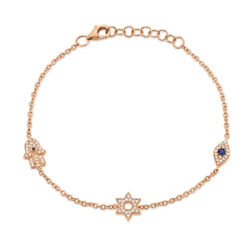 Unique wire bracelets for contemporary design-14KT GOLD SAPPHIRE & DIAMOND HAMSA STAR EYE BRACELET