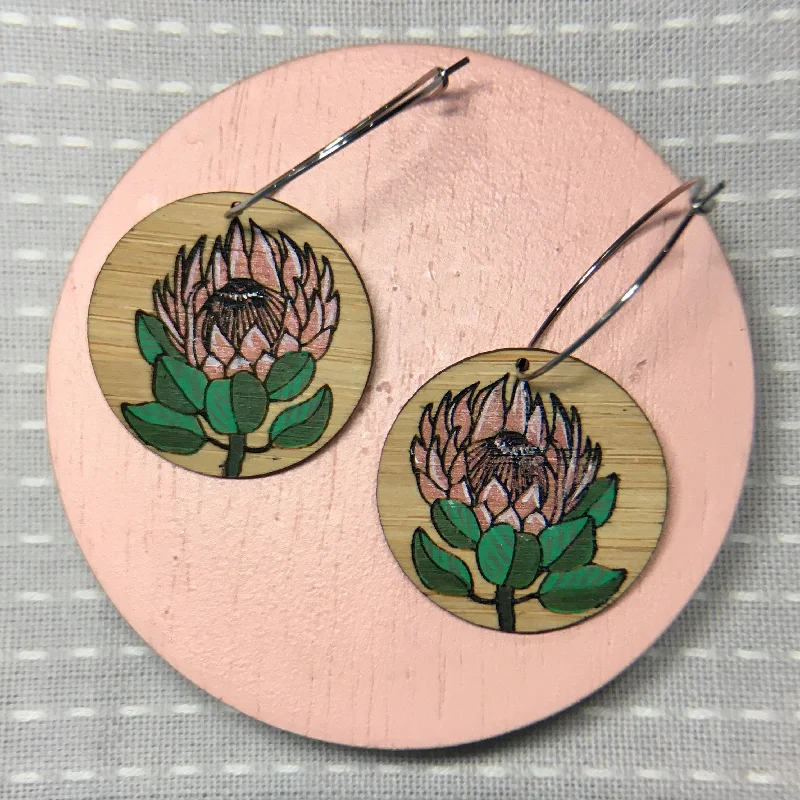 Personalized engraved earrings for sentimental gifts-Floral Hoop Earrings - Protea