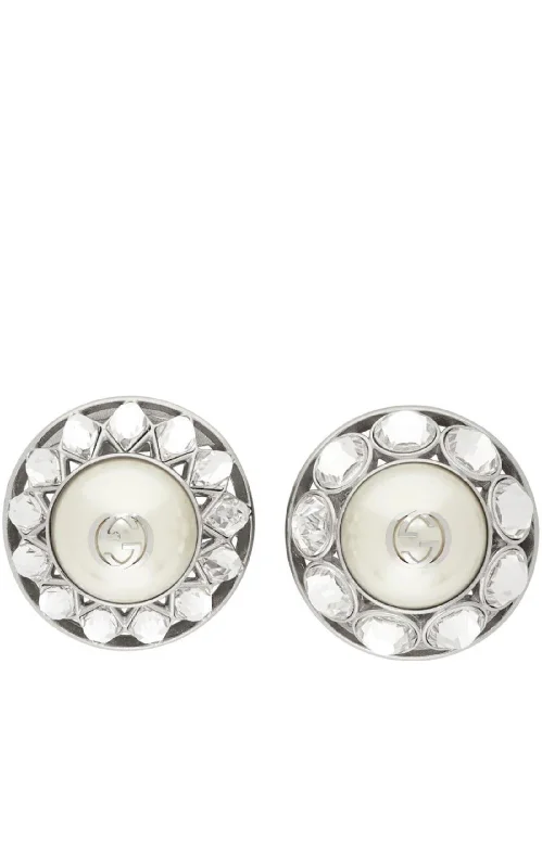 Statement earrings for fashionistas and trendsetters-Silver Crystal & Pearl Interlocking G Earrings