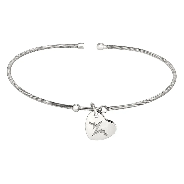 Luxury pearl bracelets for upscale events-Rhodium Finish Sterling Silver Cable Cuff Bracelet with a Dangling Polished Heart Charm with a Heartbeat Design.