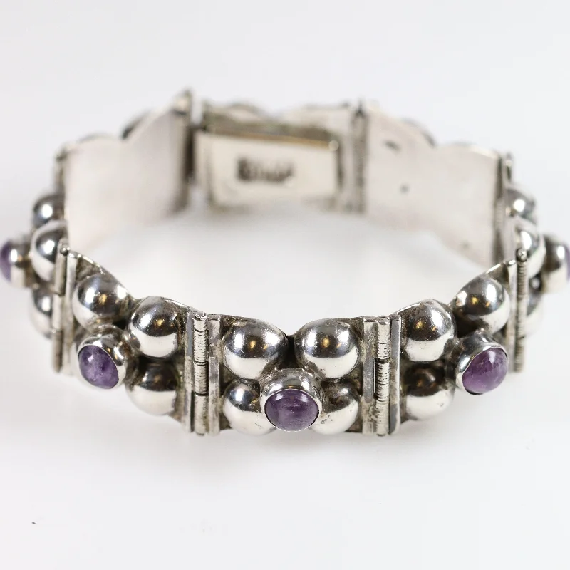 Fashion bracelets for trendy outfits-Vintage Silver Mexican Jewelry | Mid-Century Floral Amethyst Bracelet