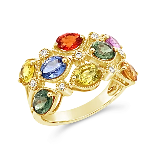 Simple gold engagement rings for timeless beauty-Three Row Rainbow Sapphire Ring