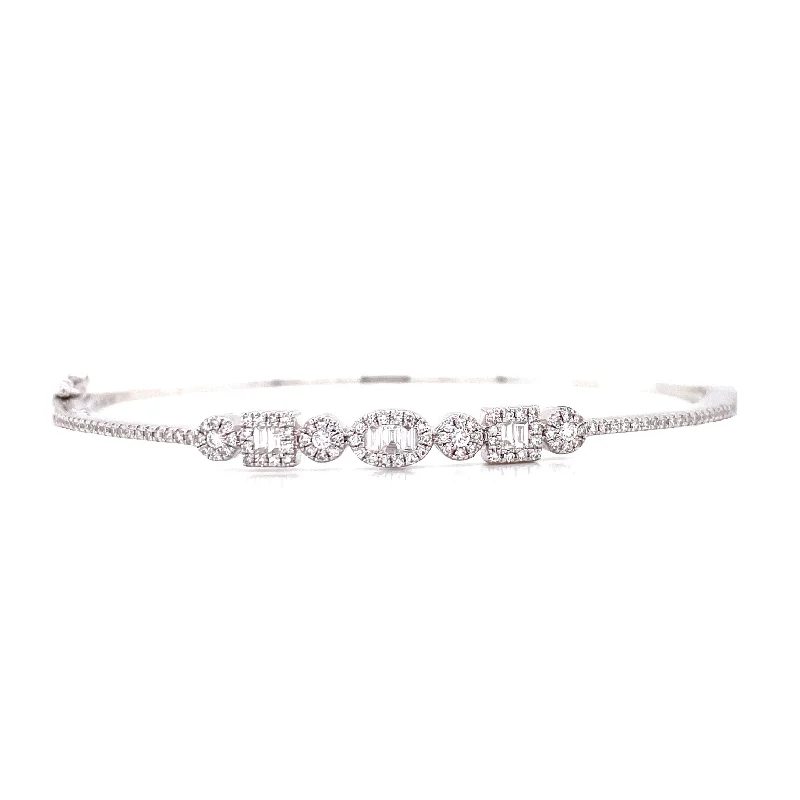 Vintage bangles for classic beauty-14K White Gold Round + Baguette Diamond Multi Shape Bangle