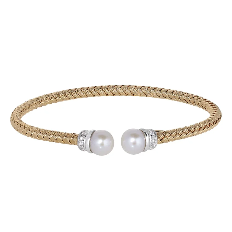 Bracelets with engraved messages for special occasions-Gold Finish Sterling Silver Basketweave Cable Cuff  Bracelet with Rhodium Finish Ends With Simualated Diamonds and a Pearl