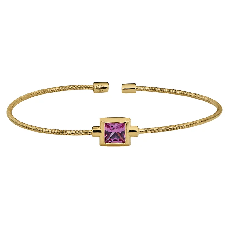 Colorful gemstone bracelets for vibrant fashion-Gold Finish Sterling Silver Cable Cuff Bracelet with Princess Cut Simulated Ruby Birth Gem