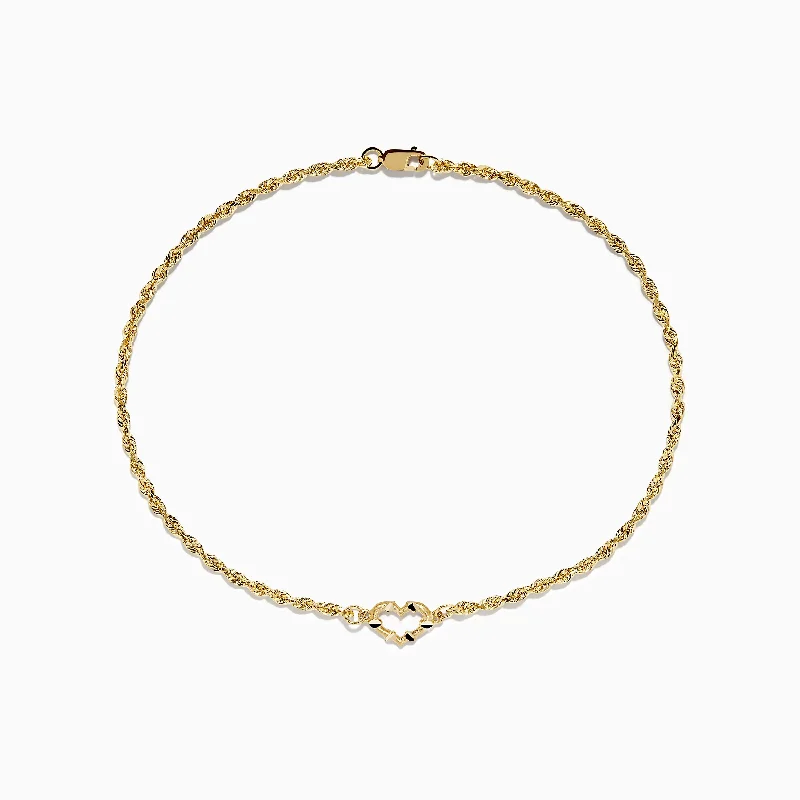 Men's bracelets with bold designs-14K Yellow Gold Open Heart Solid Glitter Chain Ankle Bracelet 10"