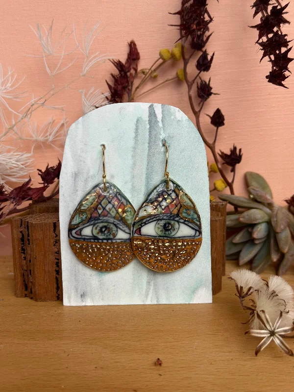 Handcrafted earrings for a unique style-‘The Protective Eye’ Porcelain Earrings With Gold Detail