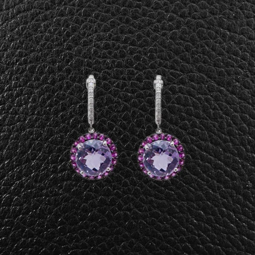 Elegant diamond earrings for formal events-Amethyst, Diamond & Pink Sapphire Earrings