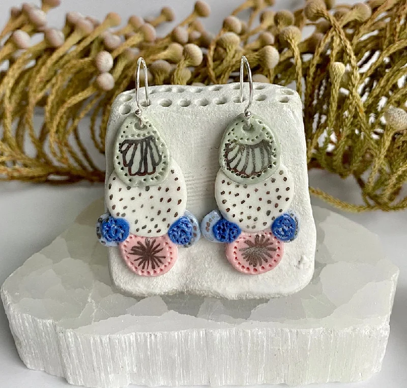 Statement earrings for evening parties-Hand Painted Blue, Pink, White and Silver Porcelain Earrings