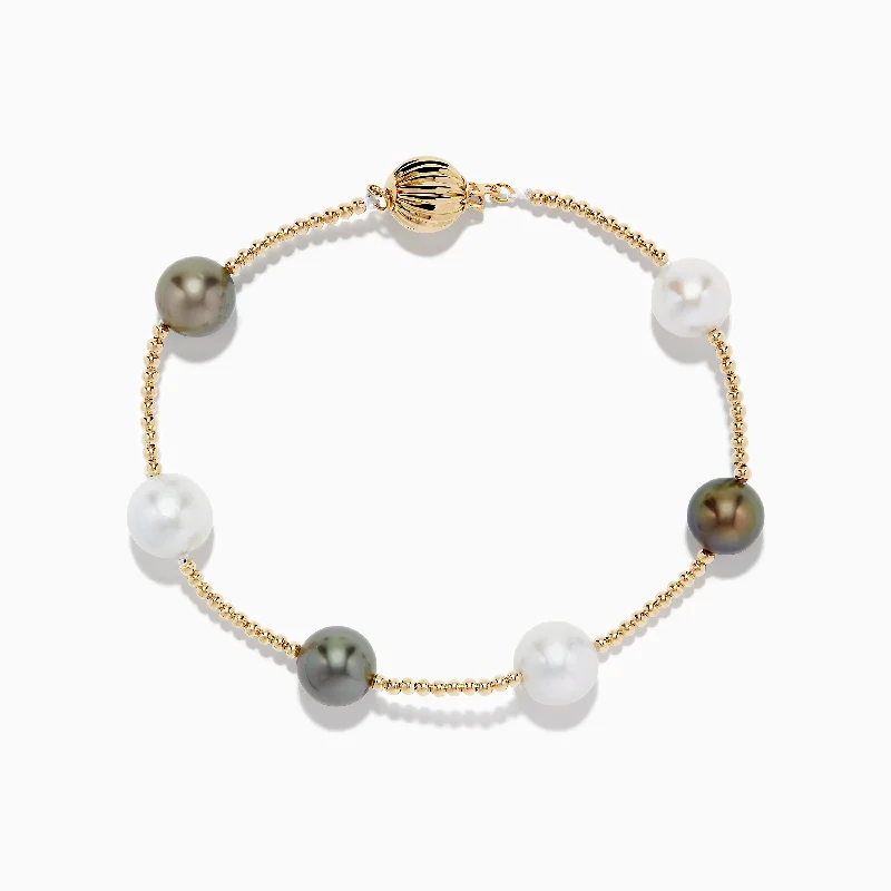 Simple gold bracelets for elegant simplicity-14K Yellow Gold Tahitian and Fresh Water Pearl Station Bracelet 9.0 mm