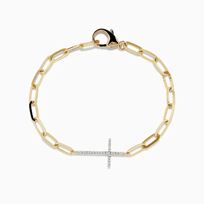 Fashionable cuff bracelets for statement looks-D'oro 14K Yellow Gold Diamond Cross Paperclip Bracelet