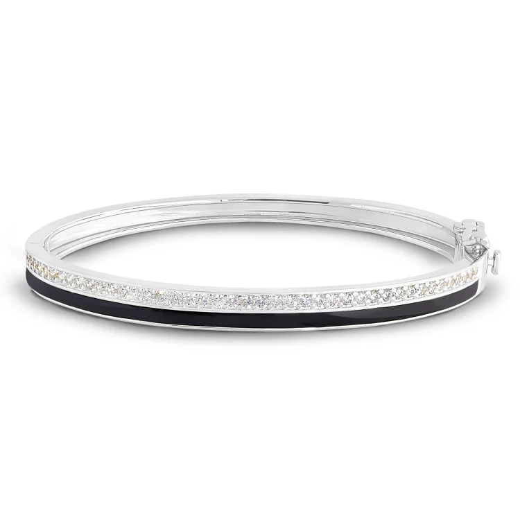 Birthstone bracelets for personalized jewelry-Platinum Finish Sterling Silver Micropave Hinged Bangle Bracelet with with Black Enamel and Simulated Diamonds