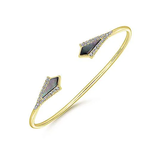 Stackable bangles for custom combinations-14K Yellow Gold Diamond + Black Mother of Pearl Open Cuff Bangle