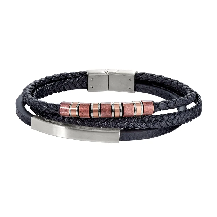 Classic pearl bracelets for a refined look-Leather 3 Cord Bracelet With Stainless Steel Bar And 2 Toned Gold Spiral