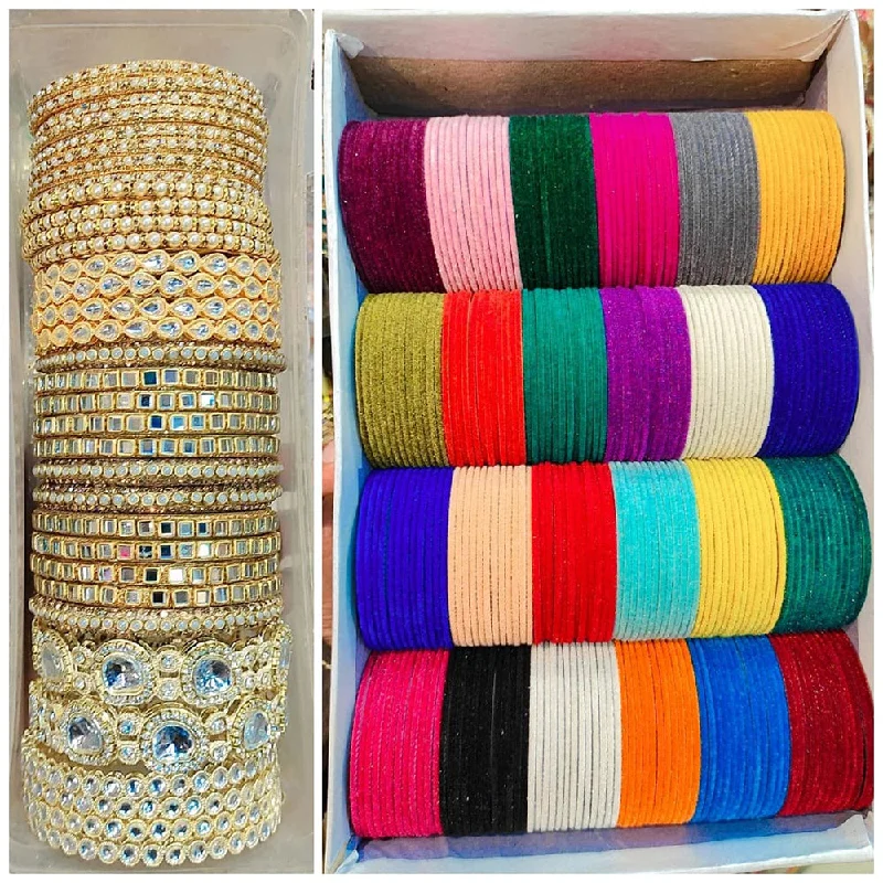 Handcrafted gemstone bangles for colorful elegance-Pooja Bangles Gold Plated Kundan Stone Velvet Bangles Set (Assorted Color )