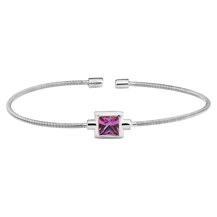 Tennis bracelets for luxury and sparkle-Rhodium Finish Sterling Silver Cable Cuff Bracelet with Princess Cut Simulated Ruby Birth Gem