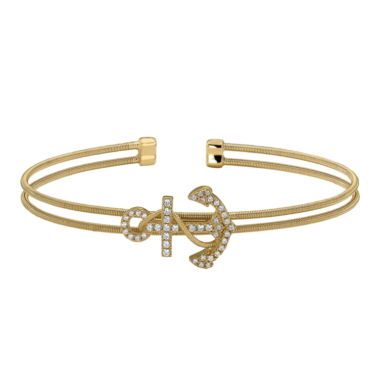 Eco-friendly bracelets made from sustainable materials-Gold Finish Sterling Silver Two Cable Anchor Cuff Bracelet Bracelet with Simulated Diamonds