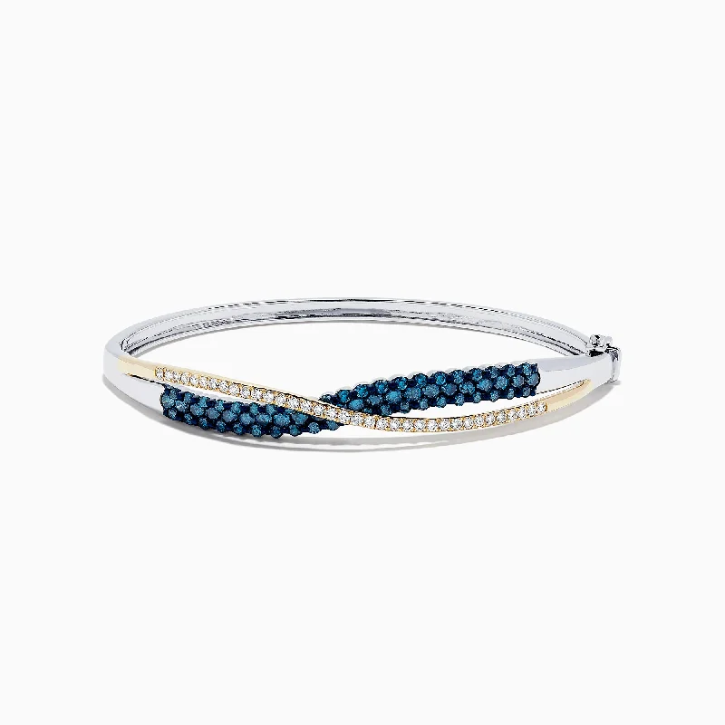 Colorful charm bracelets for fun and personal style-14K Two Tone Gold Blue and White Diamond Crossover Bangle, 2.00 TCW