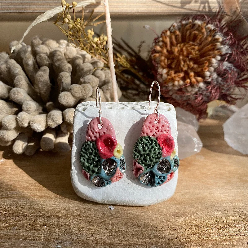 Fashion-forward statement earrings for every occasion-Hand Made Coral Earrings Pink Green Fuscia with Silver Detail