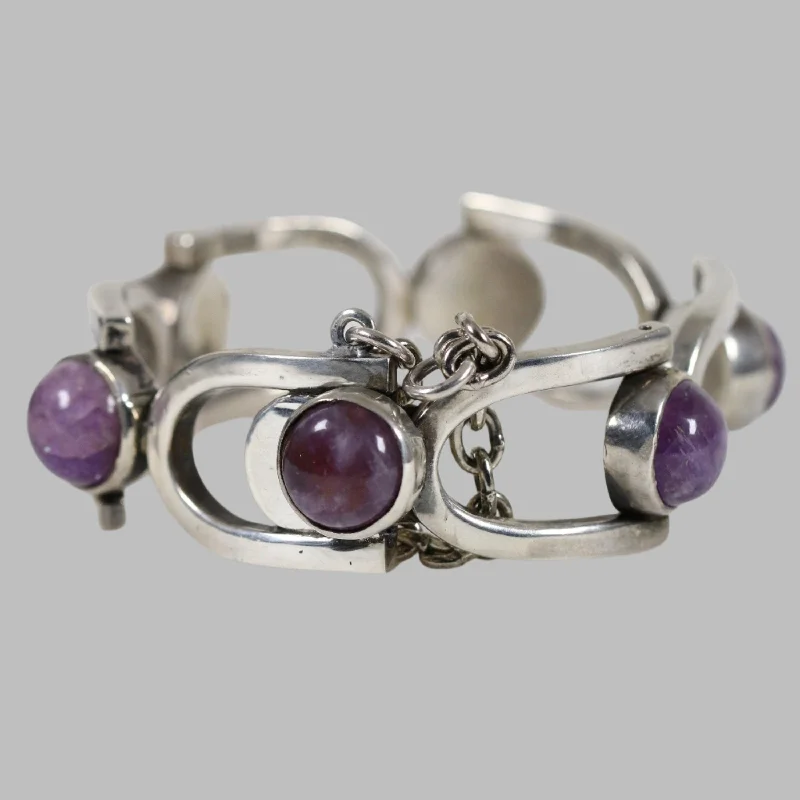 Unique wire bracelets for contemporary design-Antonio Pineda Bracelet | Taxco Mid-Century Modernist Horseshoe-Link Amethyst | Vintage 970 Sterling Silver Mexico