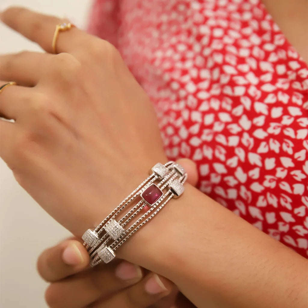 Layered bangles for a bohemian vibe-Sterling Silver 925 Ruby Zircon Bangle - FKJBNGSL7919