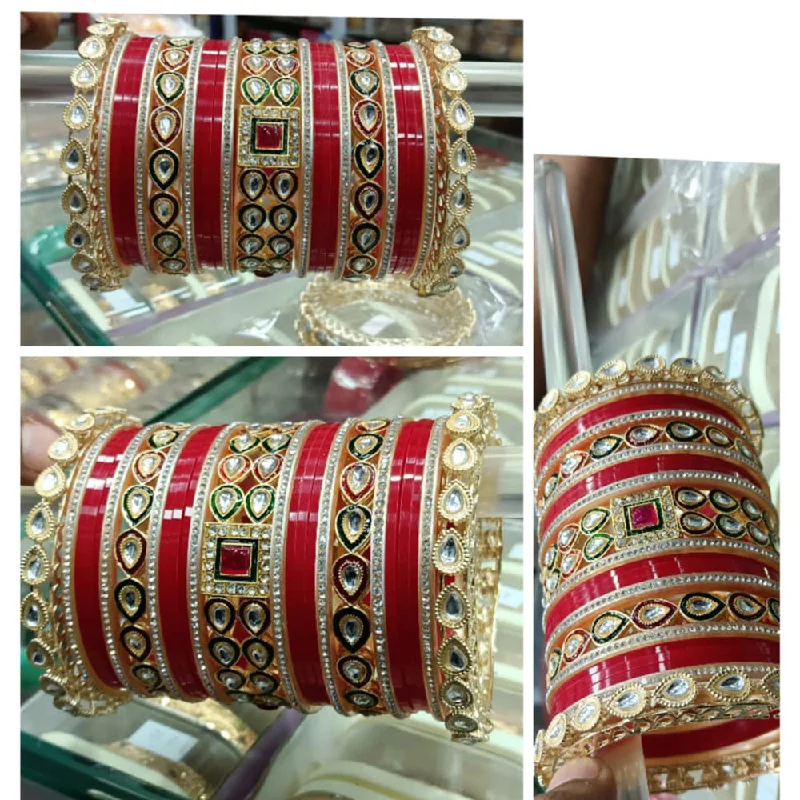 Bangles with floral designs for nature-inspired beauty-Pooja Bangles Gold Plated Kundan Stone Bangles Set