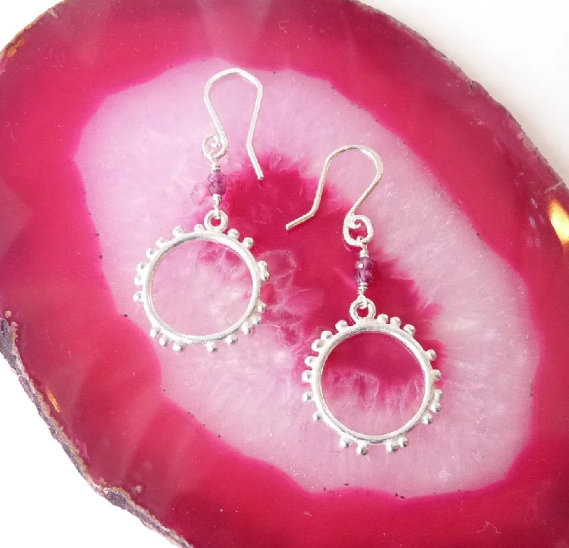 Lightweight hoop earrings for casual style-Granulation Silver Medium Hook Earrings With Gemstone