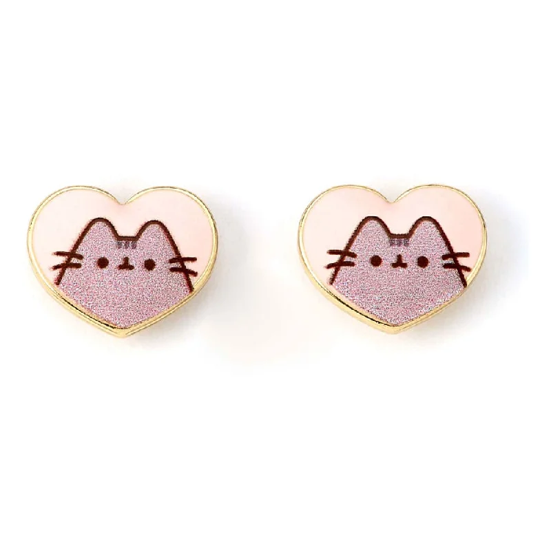 Modern ear cuffs for cutting-edge fashion-Pusheen Stud Earrings Pink and Gold Heart