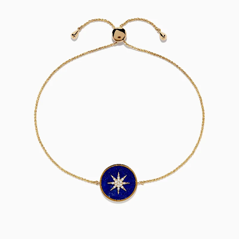 Beaded wrap bracelets for boho chic style-14K Yellow Gold Lapis and Diamond Compass Bolo Bracelet