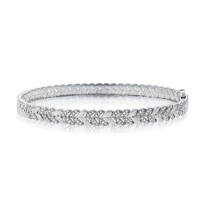 Custom-designed bangles for personalized flair-14K White Gold Diamond Herringbone Hinged Bangle