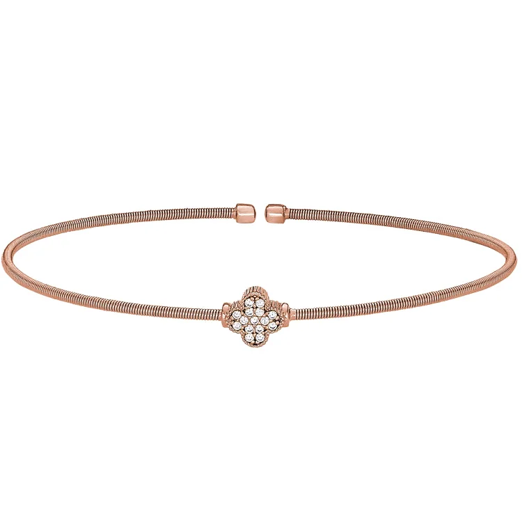 Custom engraved bracelets for personalized gifts-Rose Gold Finish Sterling Silver Cable Cuff Bracelet with Simulated Diamond Clover Design