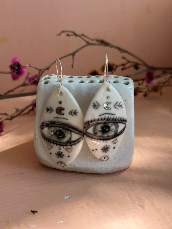 Boho-style earrings for free-spirited fashion-‘The Protective Eye’ Porcelain Earrings With Platinum Detail