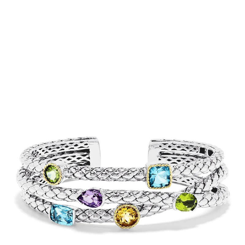 Silver cuff bracelets for a chic look-925 Sterling Silver & 18K Yellow Gold Multi Gemstone Cuff, 9.00 TCW