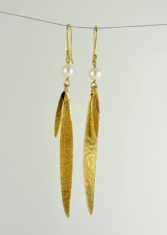 Abstract-shaped earrings for a bold style-Lily Long Double Leaf Earrings with Fresh Water Pearls