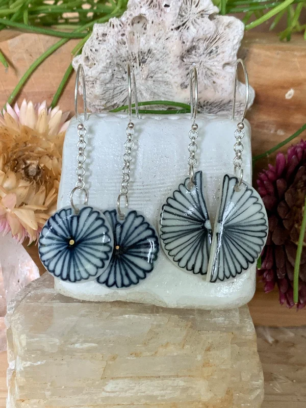 Adjustable hoop earrings for custom fit-Porcelain ‘indigo flower’ chain earrings