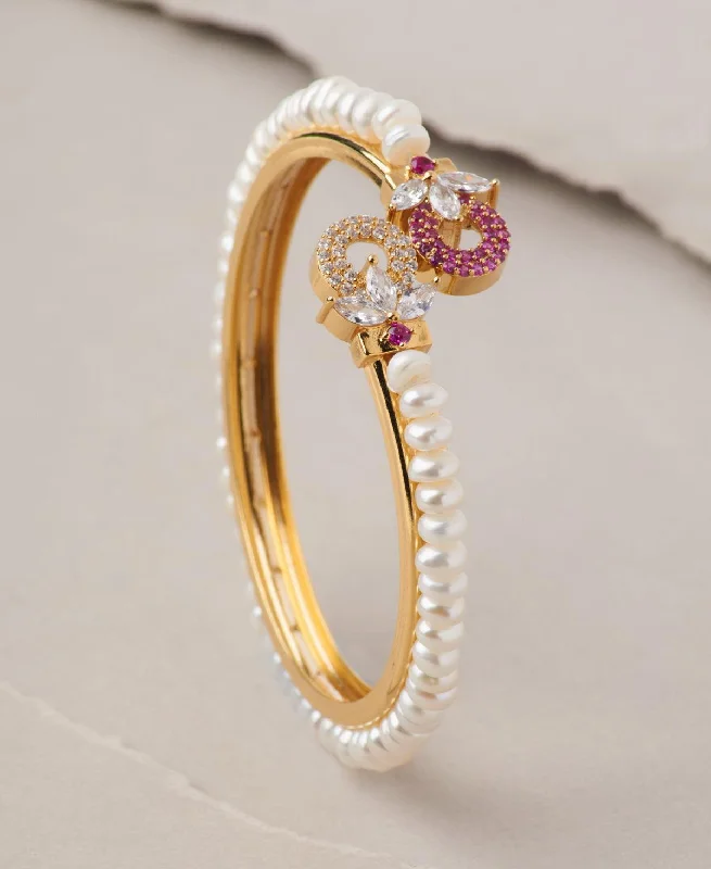 Adjustable bangle sets for a comfortable fit-Floral Stone Studded Pearl Bangle