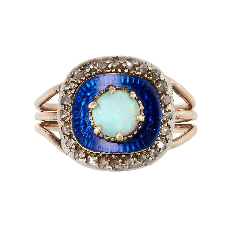 Luxury rings with emeralds and diamonds-*NEW* Geaorgian Opal & Diamond Blue Enamel 15ct Yellow Gold