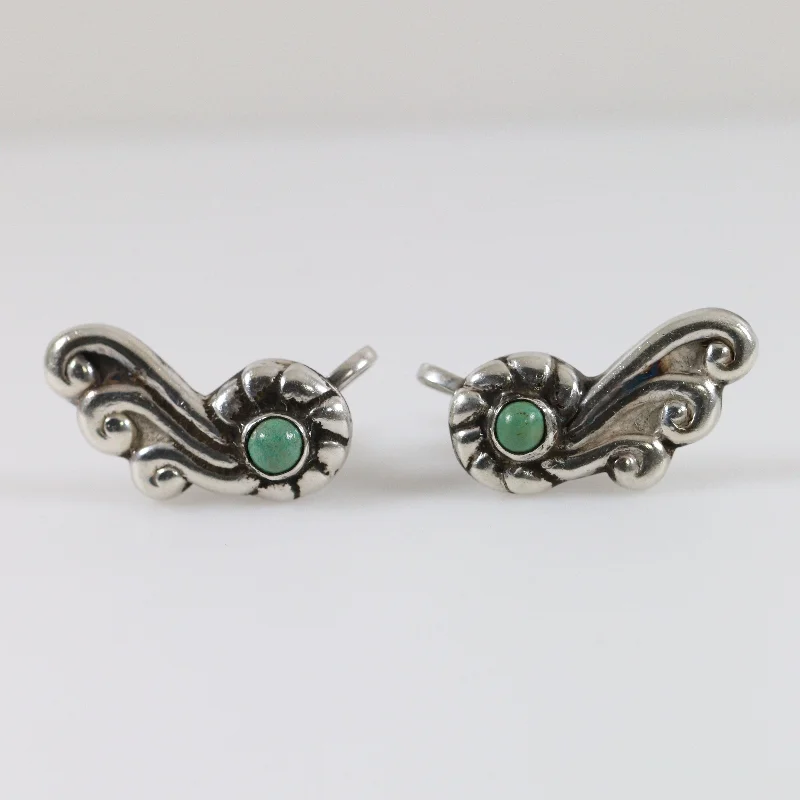 Two-tone earrings for stylish contrast-Vintage Silver Mexican Jewelry | Turquoise Winged Screwback Earrings