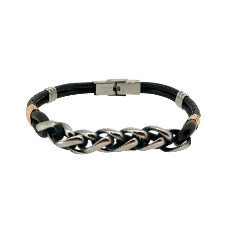 Wedding bracelets for the bride’s special day-Black Leather 2 Cord Bracelet With Stainless Steel Central Wheat Chain