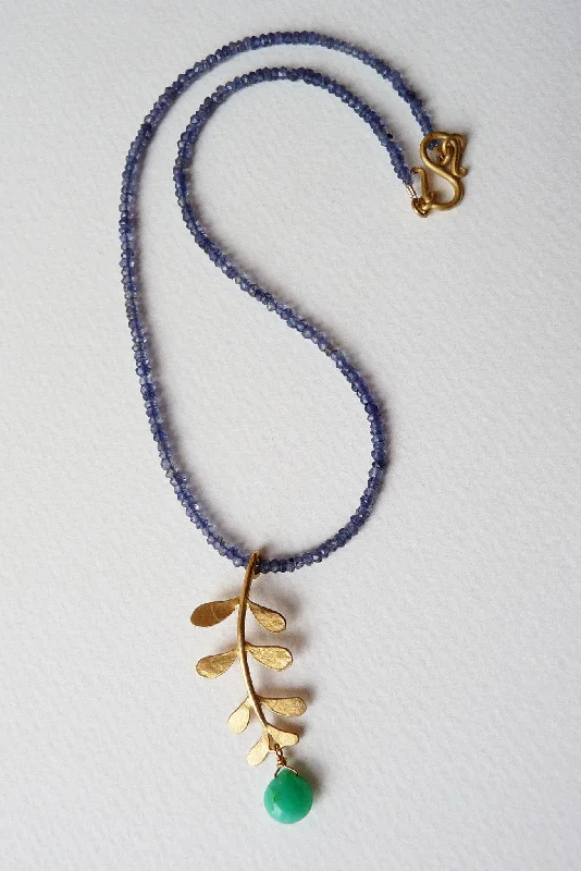 Bohemian necklaces with natural stones-Gold Plated Evie Leaf with Chrysoprase on Iolite