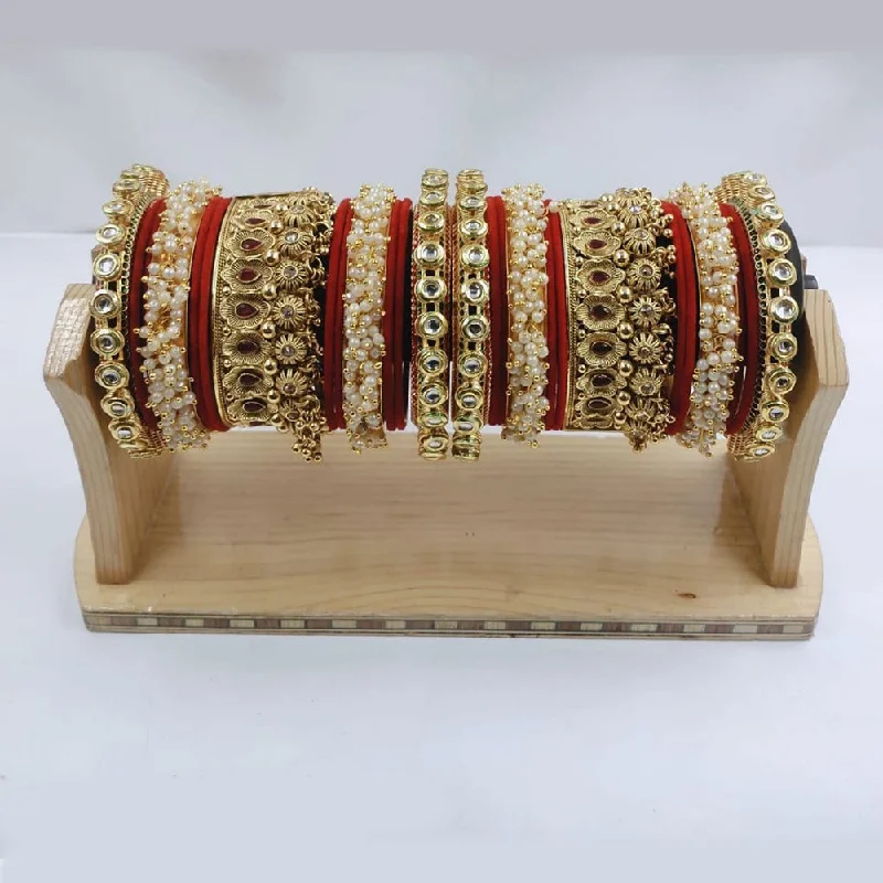 Personalized couple bangles for matching designs-Akruti Collection Gold Plated Kundan Stone And Pearl Bangles Set