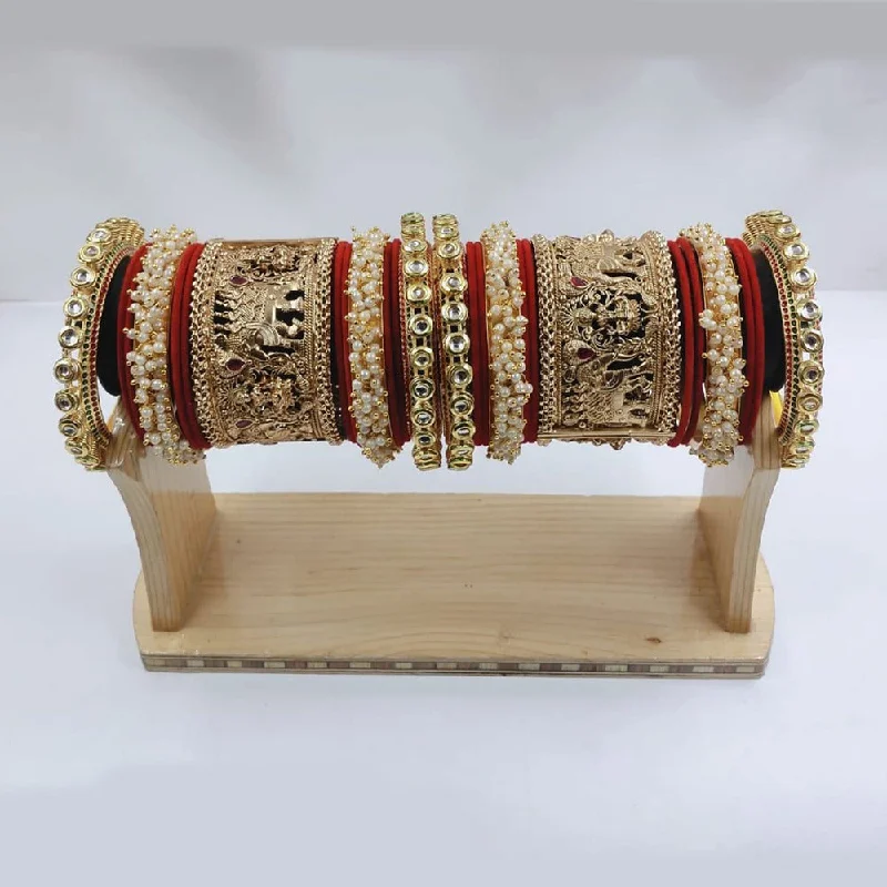 Handcrafted gemstone bangles for colorful elegance-Akruti Collection Gold Plated Kundan Stone And Pearl Bangles Set