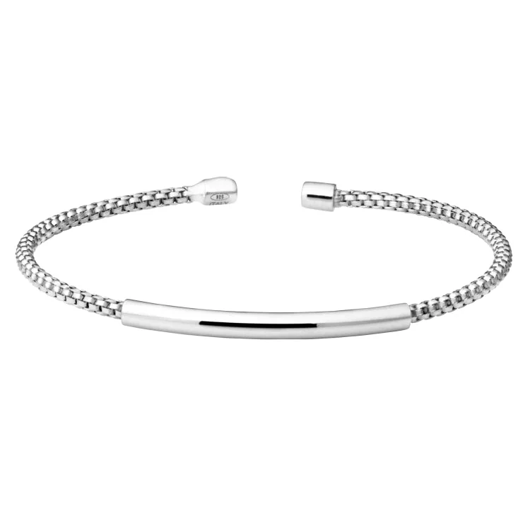 Luxury gemstone bracelets for sparkling elegance-Rhodium Finish Sterling Silver Rounded Box Link Cuff Bracelet with High Polished Bar