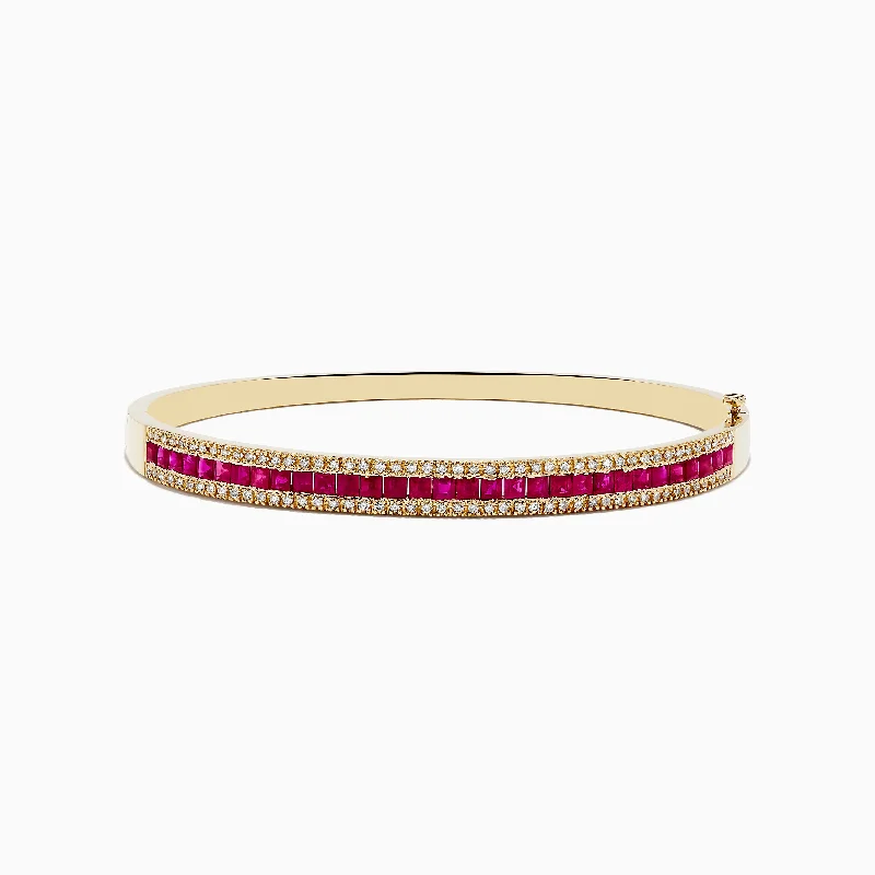 Boho-style bracelets for a laid-back vibe-14K Yellow Gold Natural Ruby and Diamond Bangle, 3.60 TCW