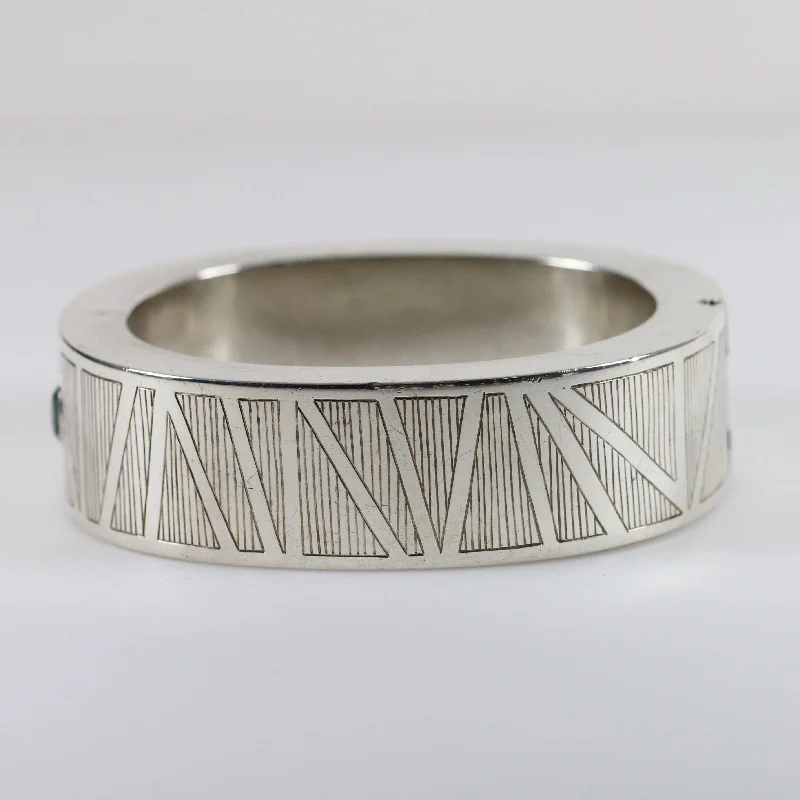 Fashionable cuff bracelets for statement looks-Vintage Modernist Silver Jewelry | Aquamarine Etched Modernist Hinged Bracelet