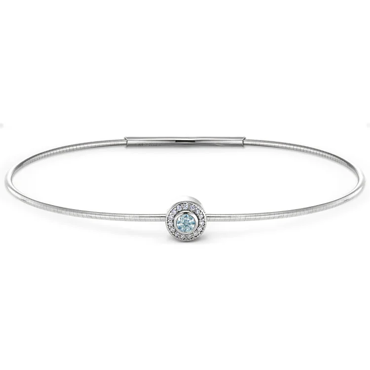 Custom friendship bracelets for meaningful connections-Platinum Finish Sterling Silver Round Simulated Aquamarine Birth Gem Bracelet with Simulated Diamonds